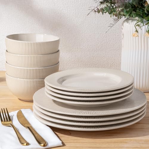 Image of GBHOME Ceramic Dinnerware Sets,12 pcs Embossed Elegant Stoneware Plates and Bowls Sets, Housewarming Wedding Gift | Dishwasher & Microwave Safe | Dishes Set Service for 4