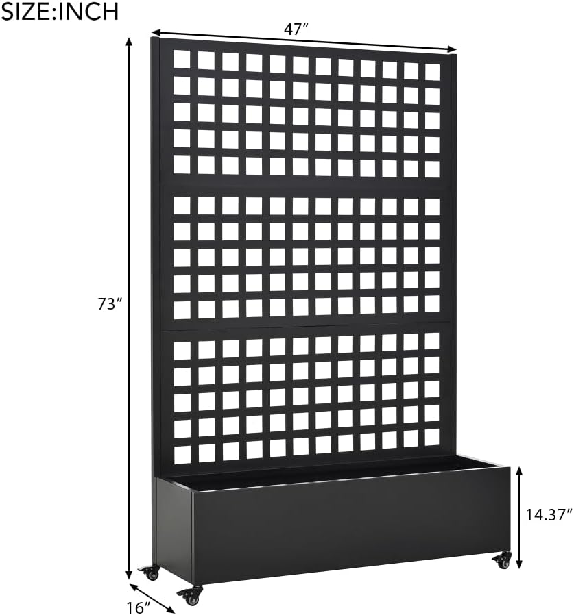 Metal Raised Garden Bed with Wheels and Trellis, 73x47x16 Inch Planter Box for Climbing Plants, Vegetables and Vines, Includes Privacy Screen and Drainage Holes