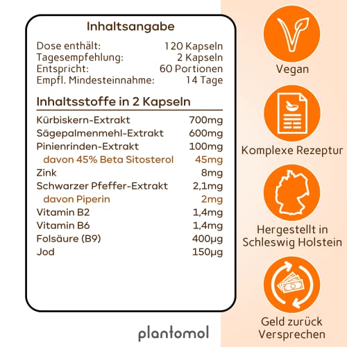 plantomol® 120 Prosta Fortuna Kapseln mit 700mg Kürbiskern-Extrakt 600mg Sägepalmen-Extrakt und Beta Sitosterol - 9 abgestimmte Inhaltsstoffe - natürliche Prosta Kapseln hochdosiert - vegan – Bild 3