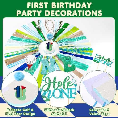 Image of Golf Hole in One Highchair Banner for First Birthday Party Decorations | Blue Green Golf High Chair Fabric Banner for Boys 1st Birthday Backdrop Decorations Photo Props Baby Shower Party Supplies