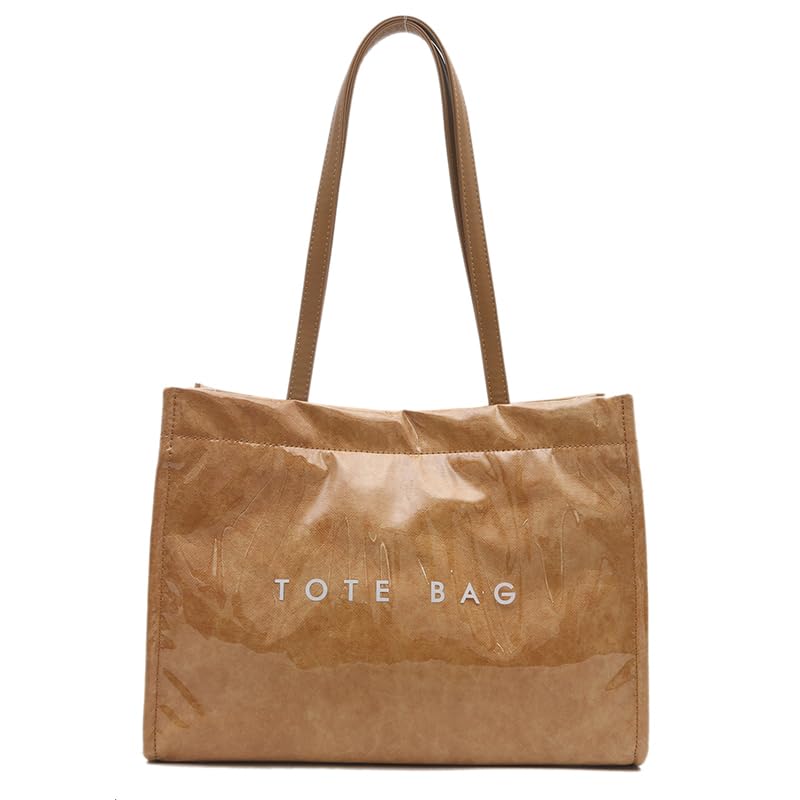 Lushandy Tote Bag for Women Work Large PVC Tote Bag with Shoulder Strap Trendy Letter Print Tote Bag Kraft Paper Hobo Handbag
