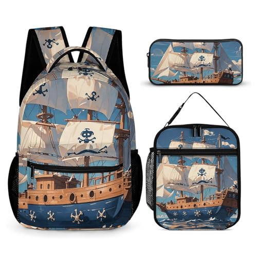 3 Pcs Backpack Set Nautical Sailing Pirate Theme Travel Bag Portable Casual Daypack Sports Backpacks with Lunch Box Pencil Case