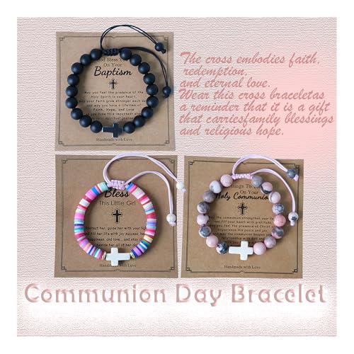 Image of Generic 3PCS Communion Bracelets for Girls Boy Fashion Natural Stone Clay Cross Bracelet First Communion Baptism Bless Jewelry Gifts, Adjustable