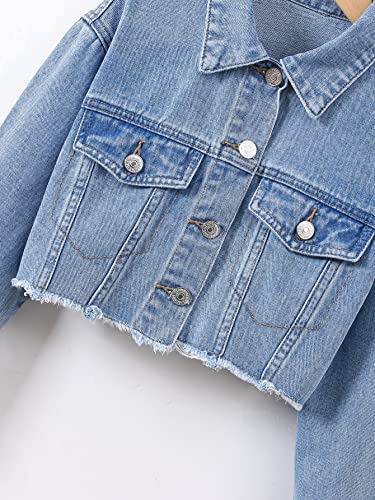 Verdusa Girl's Raw Hem Crop Denim Jacket Long Sleeve Shacket Single Breasted Spring Fall Outerwear4