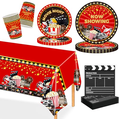 MORAINJAY Festa de aniversário cinema Hollywood louça, 97 peças filme cartão pratos, copos, guardanapos, decorações para festas temáticas de filmes de Hollywood, Movie Night Kit