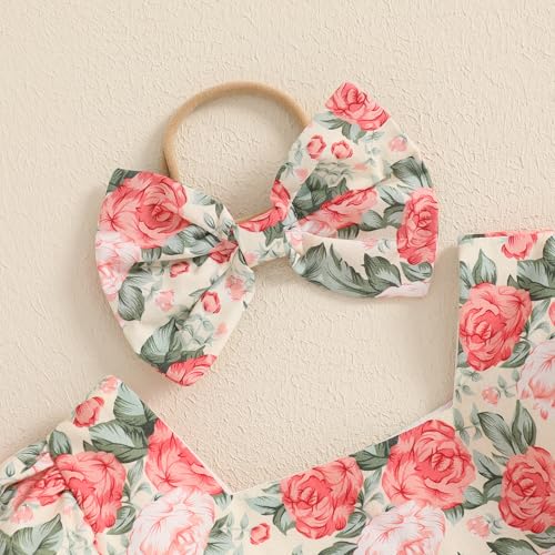 Bagilaanoe Summer Outfit Infant Baby Girl Clothes Ribbon Floral Short Sleeve Romper Bodysuit Jumpsuit Headband Set2