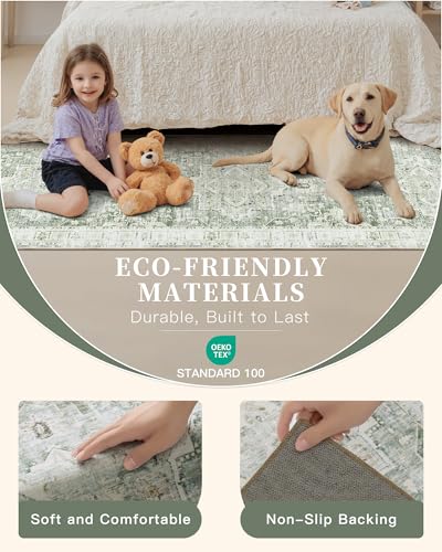 Madane Runner Rug 2x8, Washable Hallway Runner Rugs, Non-Slip Low-Pile Soft Kitchen Rug Runner Laundry Room Rug, Vintage Throw Entry Foyer Mat for Entrance Living Room (Green/Ivory, 2 x 8)