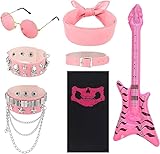 sanderala 7Pcs 80s Rocks Punk Gothic Costumes Set,Rockstar Heavy Metal Mask,Bandana,Bracelet,Sunglasses,Collar,Inflatable Guitar Punk Party Accessories for Women Pink