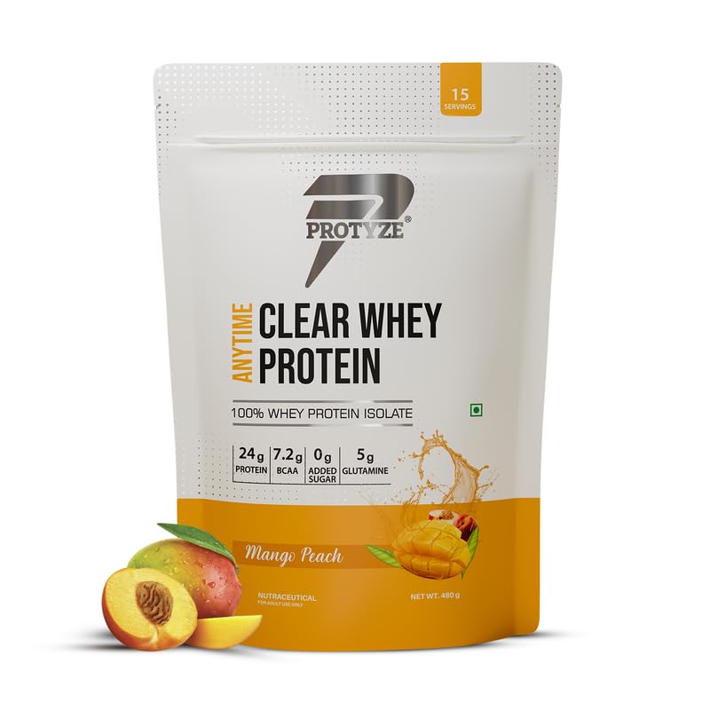 Anytime Clear Whey Protein Isolate 480gm | 24g Protein Per Scoop | Mango Peach, 15 Servings | ISO & HACCP Certified | Lean Muscle Growth, Easy Digestion & Refreshing