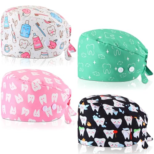Image of Unittype 4 Pcs Nurse Caps for Women Nursing Working Caps with Button and Sweatband Adjustable Elastic Scrub Hats for Dentist