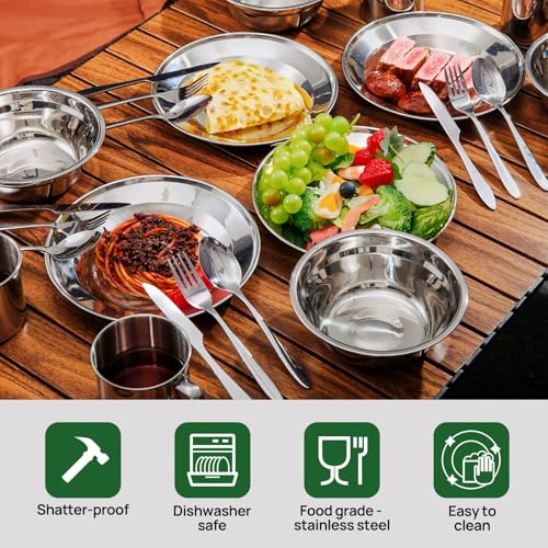 Odoland Campingbesteck Set Outdoor Reisebesteck aus Edelstahl Klappbesteck mit Teller Tasse ideal Geschenk für Outdoor Kochgeschirr Reisen Wandern Camping