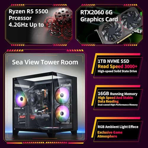 Image of Prebuilt Gaming PC Desktop Computer,AMD Ryzen R5 5500 Desktop,Operating at A Frequency of 3.6-4.2 GHz,RTX2060 Graphics Card with 6GB GDDR6 Video Memory,16GB RAM, 1TB NVME SSD,WiFi 5.0,RGB Fan x4