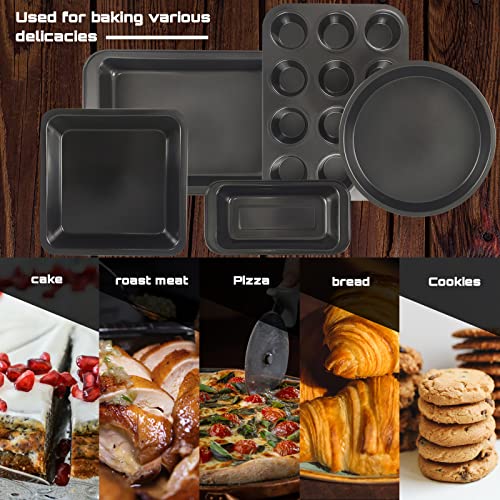 Baking Pans Sets Nonstick,5Pcs Bakeware Sets With 12 Cup Cupcake Muffin Pan,Round/Square Cake Pan, Muffin Pan, Loaf Pan, Roast Pan, Baking Sheets For Oven,Cookie Sheets For Baking,Toaster Oven Pans #TOP5