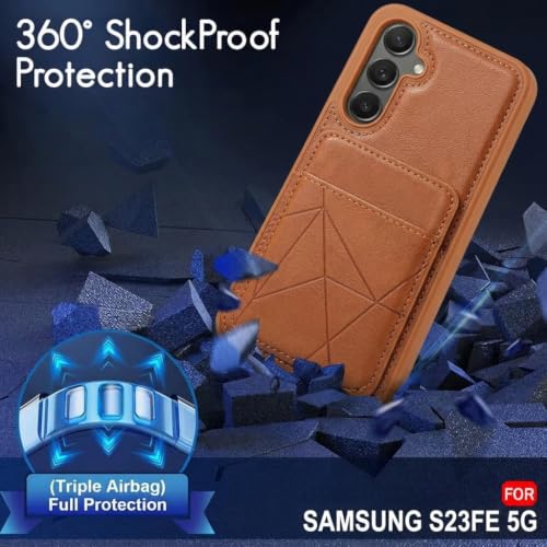 Image of amazon basics Premium Vegan Leather Back Cover with Card Holder and Integrated Mobile Stand for Samsung Galaxy S23 5G - Slim Shockproof Wallet Case with Geometric Stitching [Tan]