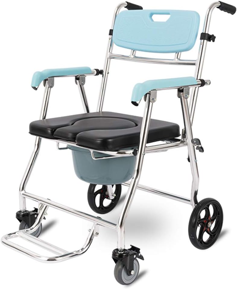 Folding Wheelchair, (4 Wheels) Rolling Commode Chair - Shower Chair Waterproof Aluminum Alloy Portable Bedside Commode Chair with Pedal