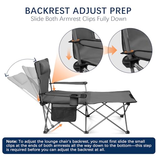 Image of apollo walker Reclining Beach Chair, Adjustable 90-135 Backrest Camping Lounge Chairs for Adults, Folding Chair with Foot Rest & Detachable Pillow - Standard 6-Leg, Grey