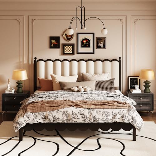 Wooden King Size Bed Frame, Leather Platform Bed with 55
