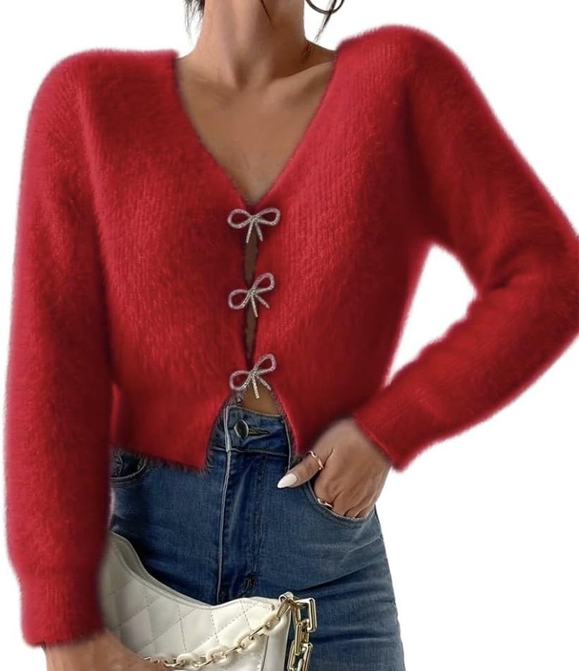 Apvirdy Cropped Cardigan for Women Sparkly Rhinestone Bow Ties Closure V Neck Fuzzy Sweater Long Sleeve Cardigan Sweater