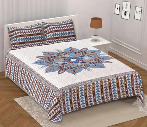 Image of Pure 100% Cotton Double Bed Sheet with 2 Pillow Covers (Bedsheet for Double Bed Cotton, Multicolour Jaipuri, Double King Size Bed Sheet) (Sky Blue, 100 * 108 Inch)