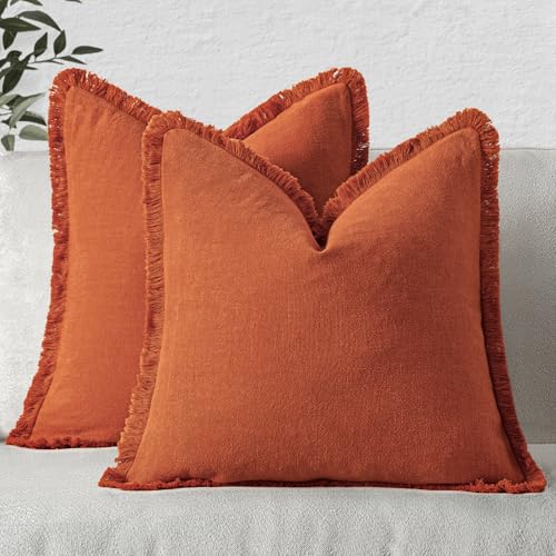 Image of MIULEE Decorative Throw Pillow Covers Neutral Linen Fringe Throw Pillows Set of 2 Burnt Orange Boho Farmhouse Cushion Covers with Tassels for Couch Sofa Bed Living Room Home Decor 20x20 Inch