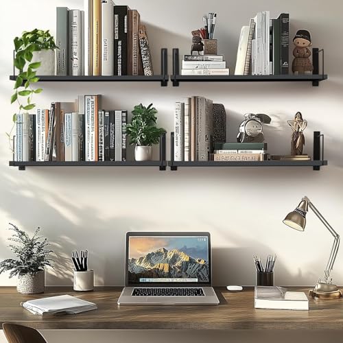 Image of Wall Mounted Bathroom Shelves Set of 3, Black Rustic Wood Floating Shelves with Metal Brackets, Wall Storage Display Rack for Toiletries, Organizer, Kitchen, Bedroom, Living Room 23.5 inch
