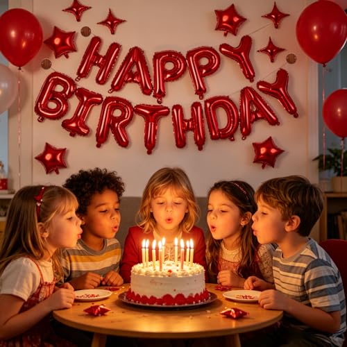 Image of Red Happy Birthday Balloons Banner 16 Inch Mylar Foil Letters, 10 Inch Five & Four Star, Inflatable Party Decor and Birthday Decorations for Women, Men, Boys & Girls Kids and Adults, Party Supplies