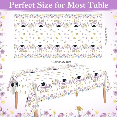 Image of Ganeen 3 Pcs Graduation Tablecloth Floral Class of 2026 Congrats Grad Table Cloths Purple Disposable Plastic Rectangle Table Cover for 2026 Graduation Decorations Grad Party Supplies, 54 x 108 Inch
