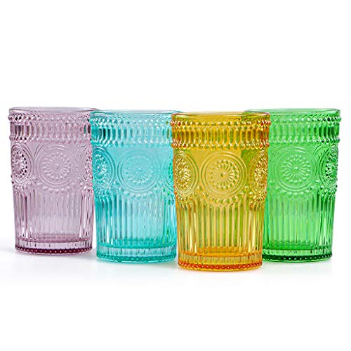 Image of MDLUU Colored Glassware, Multicolor Drinking Glasses, Embossed Water Glasses, Colored Tumblers Glass, Capacity 12oz /345ml, Set of 4