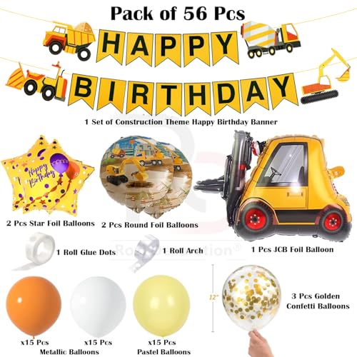 Image of Rozi Decoration Construction Theme Balloons Birthday Decoration Kit - Set of 56 Pcs Construction Vehicle Theme Birthday Decoration Items for Kids Party Supplies