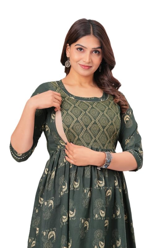 Image of Women Feeding Kurti for Women Cotton Maternity Kurta with Nursing Zip for Pre & Post Pregnancy