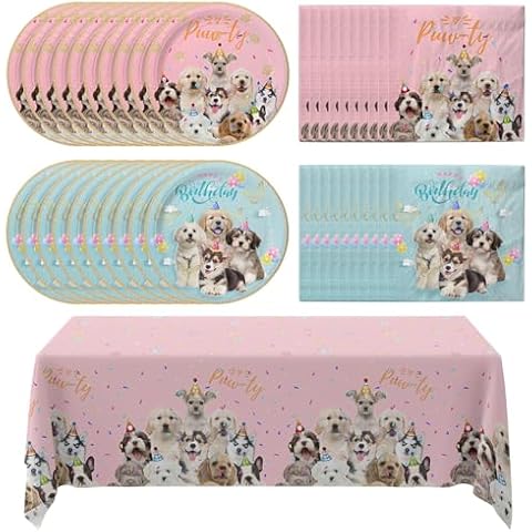 41 Pcs Dog Birthday Party Supplies, Dog Party Decorations, Puppy Birthday Party Decorations Include 20 Dog Plates, 20 Puppy Napkins, 1 Tablecloth for Dog Themed Birthday Party Supplies Cover