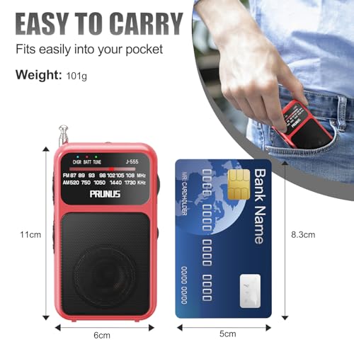 Image of PRUNUS J-555 Pocket Radio AM FM Built-in 800mAh Rechargeable battery /AAA Battery Operated, Excellent Reception Clear Speaker Earphone Jack, Back Clip, Flashlight, Transistor, Portable Mini USBC Charge