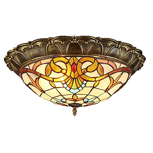 Serin-Eletro Vintage LED-Deckenleuchte Farbiges Glas Rund Deckenlampe 3000K Warmweiss Licht Retro Glasmalerei Decken-Beleuchtung für Schlafzimmer Wohnzimmer Esszimmer Cafe,Bronze-Farbe Metall, Ø 42cm