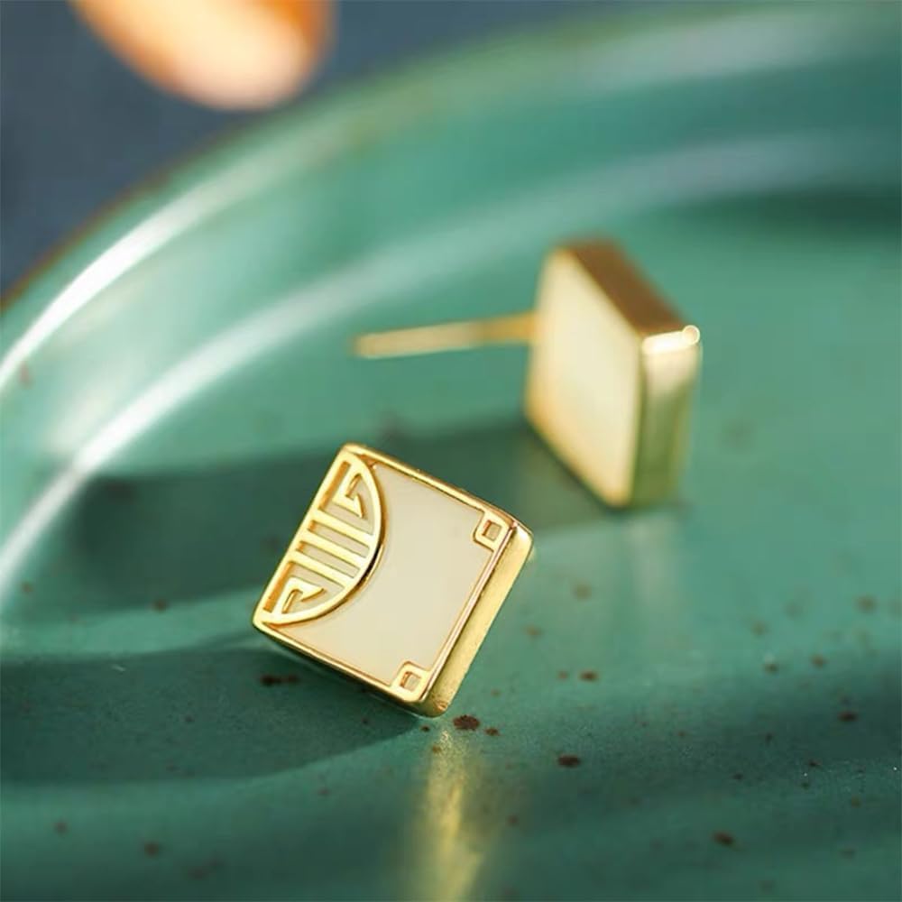 S925 Silver And Gold Plated With Natural White Jade Triangle Earrings 1for Women Yoga Genuine