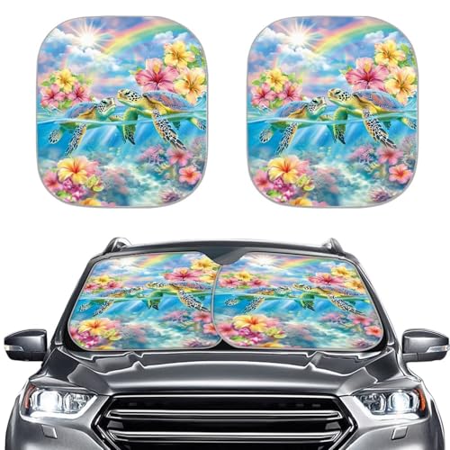 Image of Floral Turtle Car Front Windshield Sun Shade Foldable 2pcs Auto Sunshade Vehicles Sun Visor Portable Heat Reflector Keep Your Vehicle Cool Universal for Cars