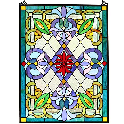 Bieye W10028 Victorian Tiffany Style Stained Glass Window Panel with Chain, Rectangular Shape, 18' W...