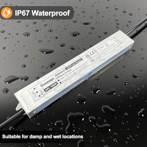 Image of 100W LED Driver 24V Power Supply 8.3A 24VDC Low Voltage Transformer | IP67 Waterproof, ETL Listed, 110V 120V AC to 24 Volt DC Converter, Plug with 4.4ft Cord for Outdoor LED Lights and Sign