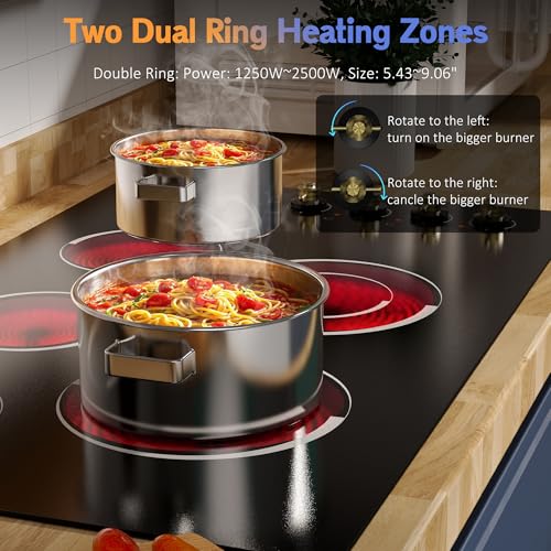 Image of Electric Cooktop 34.25 Inch - Built-in(34.25 inchx19.3 inch) 5 Burner Electric Stove Top 8400W High Power, 36 inch Ceramic Cooktop with Knob Touch, Dual Ring, Overheat Protection, 220-240V Hard Wired