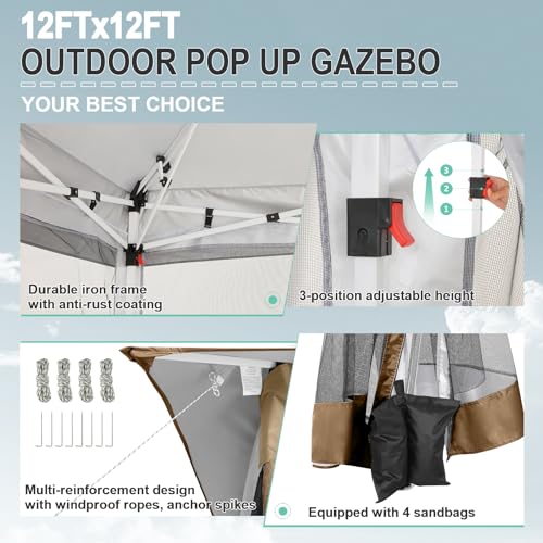 Image of COBIZI 12x12 Pop up Gazebo on Clearance Canopy Tent, carpas para Patio, Outdoor Canopy with Portable Carrying Bag for Vendor, Outdoor Patio Gazebo for Garden, Backyard,Beach, Brown