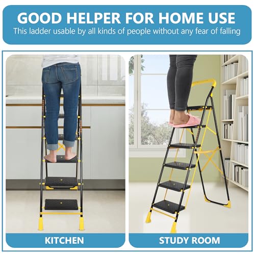Image of Parasnath 6-Step Yellow Diamond Steel Foldable Ladder | Wide Anti-Skid Plastic Steps for Extra Grip, 6.2 FT Step Ladder, 6-Year Manufacturer Warranty, Made in India