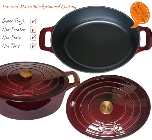 Image of La Cuisine Enameled Cast Iron Oval Dutch Oven Casserole Dish Pot with Lid 5 QT Internal Matt Black Enamel Coating, Cranberry, Gold-Plated Stainless Steel Lid Handle, Oven Safe