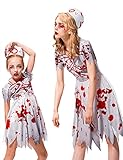 IKAL Girls Zombie Bloody Nurse Costume Halloween Kids Walking Dead Outfit Mommy and Me Hospital Worker Uniform for Theme Party 3PCS