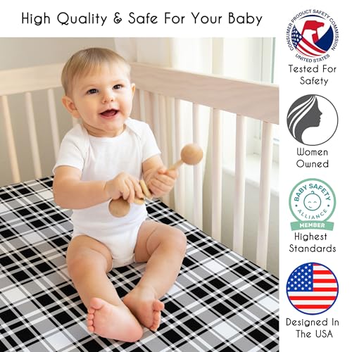 Image of Sweet Jojo Designs Fitted Baby Crib Sheets (Black & White Gingham Plaid) for Boys or Girls, Infant Nursery, Toddler Room - Standard Size (Checkered, Classic, Tartan, Gender Neutral, Rustic, Farmhouse)