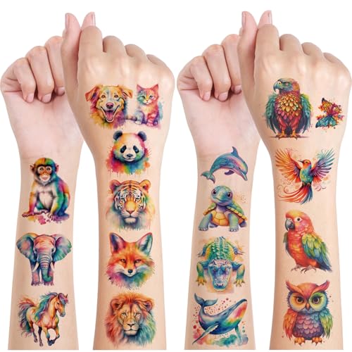 Tatuajes temporales de animales, 12 hojas, acuarelas, animales para niñas, niños, cuerpo, brazo, hombro, regalo de fiesta de cumpleaños, regalo pequeño, tatuaje para niños, respetuoso con la piel