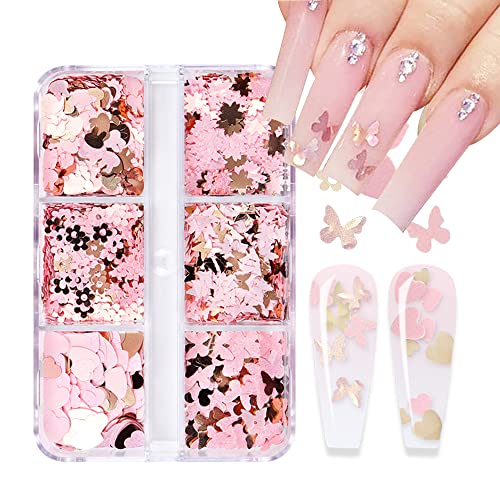 3D Heart Nail Art Glitter Pink Butterfly Star Designs Nail Sequins Sparkle Flakes For Nail Art Supplies, Valentine’s Day Nails Decoration Confetti Holographic Manicure Tip Accessories. #TOP15