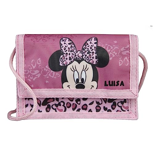 Geldbeutel Disney Minnie Mouse mit Name | Geldbörse zum Umhängen Mädchen | personalisierbares Portemonnaie Brustbeutel Kinder in rosa in Leo Optik mit Sichtfenster für Busausweis