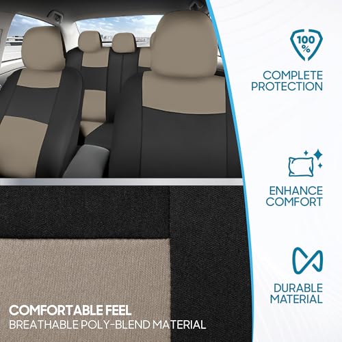 Image of BDK PolyPro Car Seat Covers Full Set in Light Beige on Black, Front and Rear Split Bench Seat Covers for Cars, Easy to Install Car Seats Cover Set and Accessories for Auto Trucks Van SUV - Light Beige