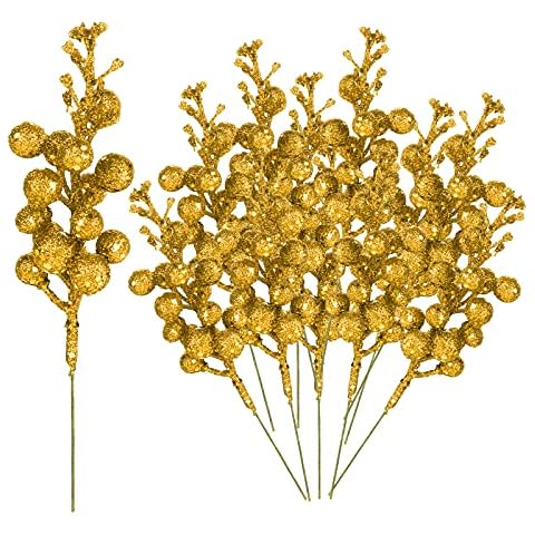 Plcnn 24Pcs Christmas Glitter Berries Stems, 22cm/7.8in Christmas Tree Picks and Sprays Artificial Winter Holly Berries Branches for DIY Crafts Wreath Garland Decor Cover