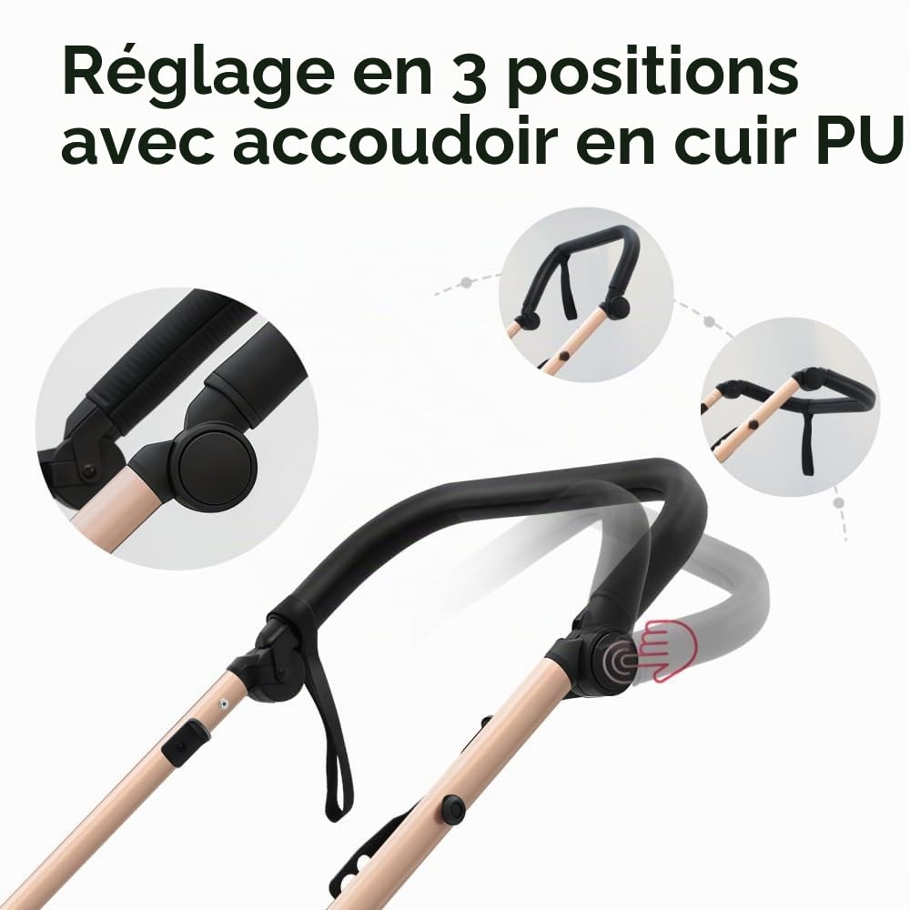 Poussette 3 en 1 pliable, légère bébé, poignée cuir PU, Noir & Or | Système de voyage 0-36 mois, pour nouveau-nés et tout-petits, moustiquaire et housse de pluie inclus