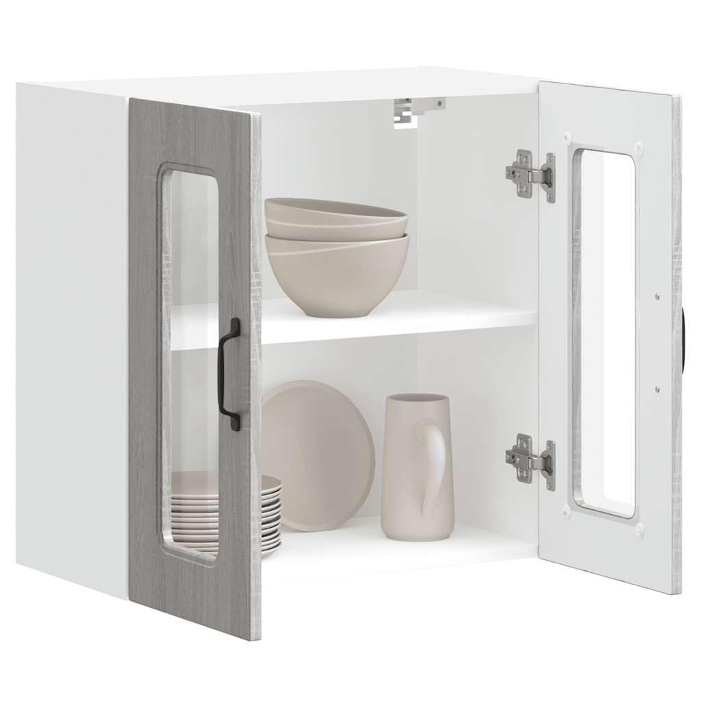 Kalmar Küchen-Hängeschrank Grau Sonoma Holzwerkstoff, 60x31x60cm, mit Glastür, Wandschrank für Küche, Speisekammer, Lagerung